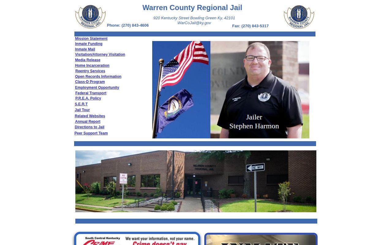 Warren County Regional Jail page with facility details and inmate search