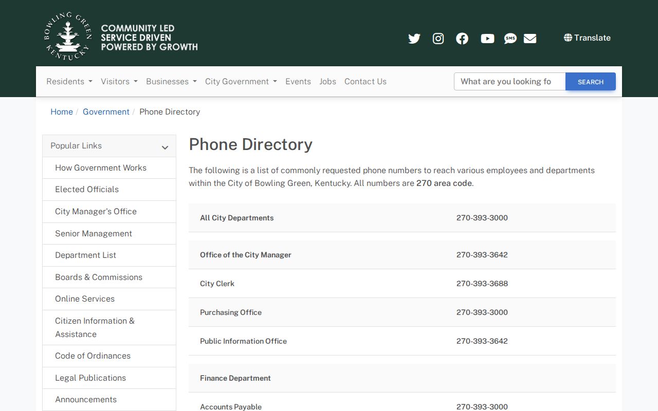 Bowling Green directory showing police records telephone contacts