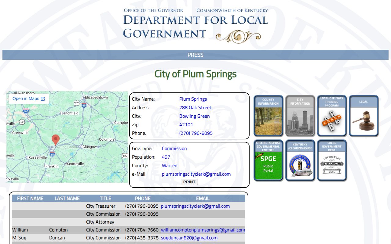 Kentucky state directory entry for Plum Springs showing population and city contact