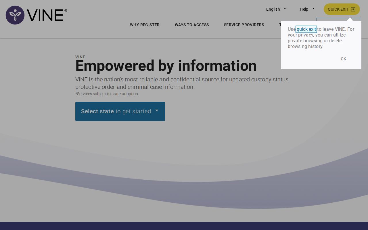 VINELink Notify Me of Status Changes registration screen for custody alerts