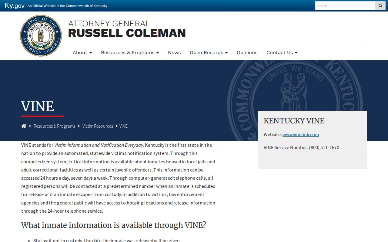 Kentucky Attorney General VINE page describing local jail custody coverage and notifications